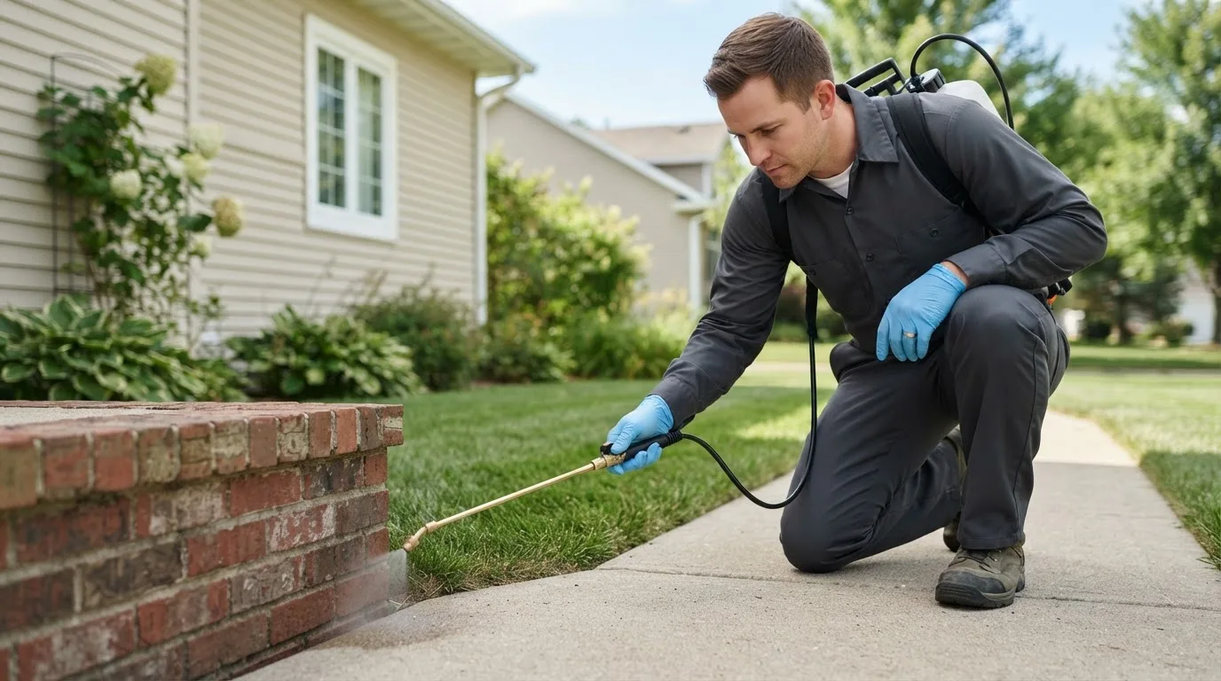 Pest control technician treating a home near Kranzburg, SD